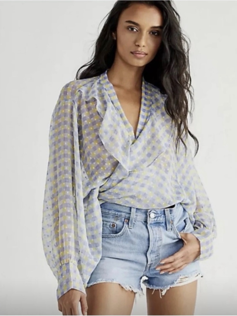 Free People Kimono Blue Yellow Sheer Ruffle Tie Front/Back Blouse One Size Boho